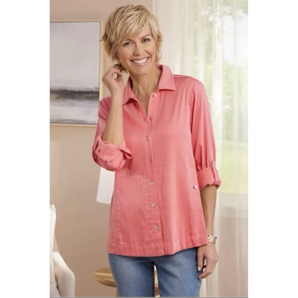 Soft Surroundings Women's Size Large Thelma Tencel Shirt Coral Pink Button Up - Picture 2 of 10